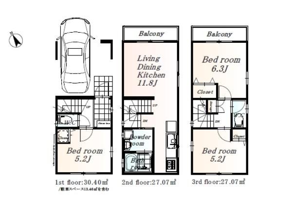 Floor plan. (C Building), Price 31,800,000 yen, 3LDK, Land area 45.22 sq m , Building area 84.55 sq m