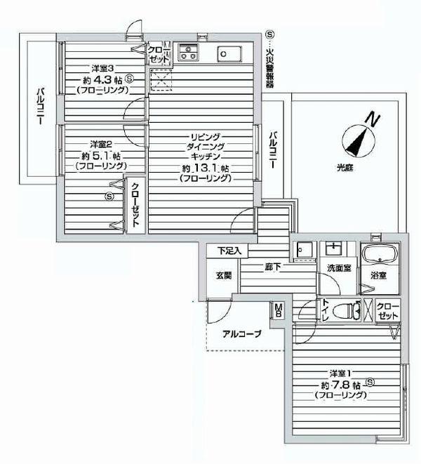 Floor plan. 3LDK, Price 33,900,000 yen, Occupied area 68.74 sq m , Balcony area 8.46 sq m