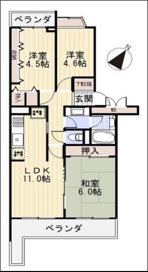 Floor plan. 3LDK, Price 18,800,000 yen, Occupied area 63.72 sq m , Balcony area 11.03 sq m