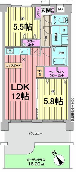 Floor plan. 2LDK, Price 25,800,000 yen, Footprint 51.3 sq m , Balcony area 9.72 sq m