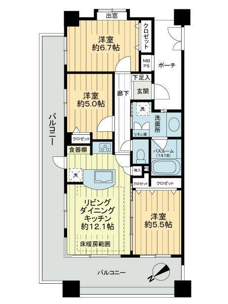 Floor plan. 3LDK, Price 33,800,000 yen, Occupied area 66.23 sq m , Balcony area 27.38 sq m