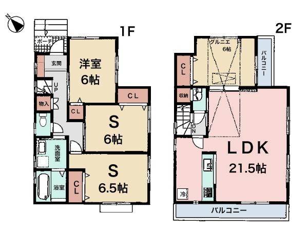Floor plan. (Building 2), Price 44,600,000 yen, 2LDK+2S, Land area 101.73 sq m , Building area 101.07 sq m