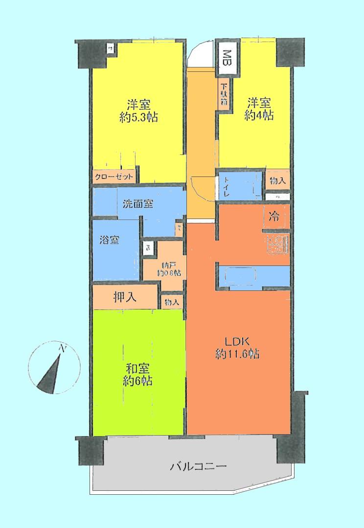 Floor plan. 3LDK + S (storeroom), Price 20,900,000 yen, Occupied area 60.74 sq m , Balcony area 8.56 sq m