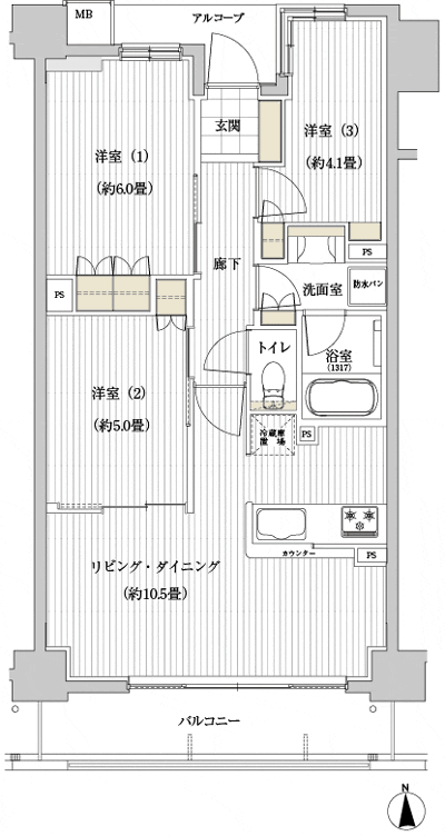 Floor: 3LDK, occupied area: 60.87 sq m