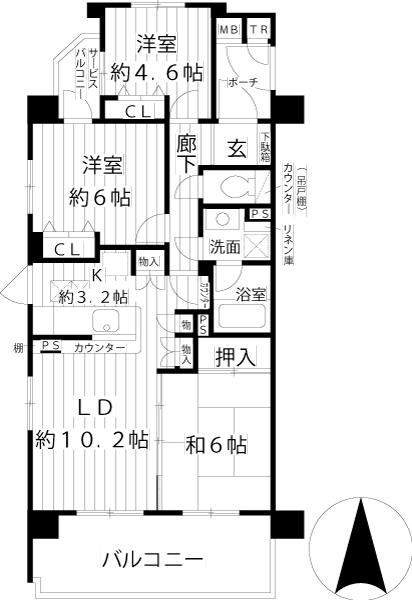Floor plan. 3LDK, Price 38,900,000 yen, Occupied area 67.64 sq m , Provided with a balcony area 11.95 sq m service balcony, 3 rooms 2 sided lighting and the 3LDK angle dwelling unit.