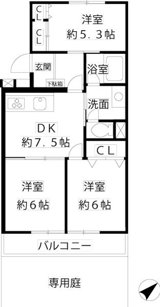 Floor plan. 3DK, Price 19.9 million yen, Occupied area 57.07 sq m , Balcony area 5.2 sq m
