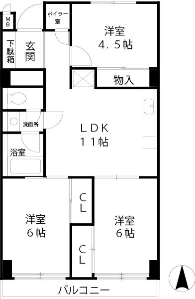 Floor plan. 3LDK, Price 18,800,000 yen, Occupied area 61.27 sq m , Balcony area 6.6 sq m
