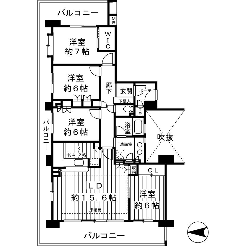 Floor plan. 4LDK, Price 52,800,000 yen, Footprint 101.18 sq m , Balcony area 44.4 sq m 101.18 sq m  ・ 4LDK ・ Three-sided balcony adoption Rooms are bright and airy