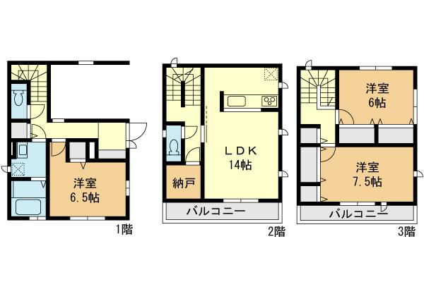 Floor plan. (3 Building), Price 43,800,000 yen, 3LDK+S, Land area 61.83 sq m , Building area 109.3 sq m