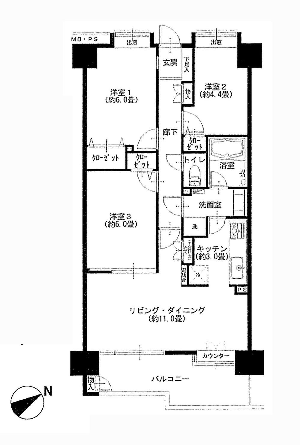 Floor plan. 3LDK, Price 29,900,000 yen, Footprint 68 sq m , Balcony area 9.02 sq m