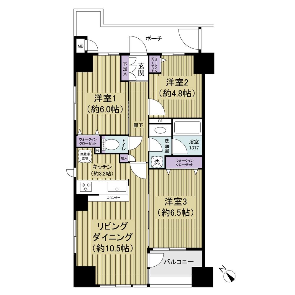 Floor plan. 3LDK, Price 35,800,000 yen, Occupied area 65.12 sq m , Balcony area 4.56 sq m