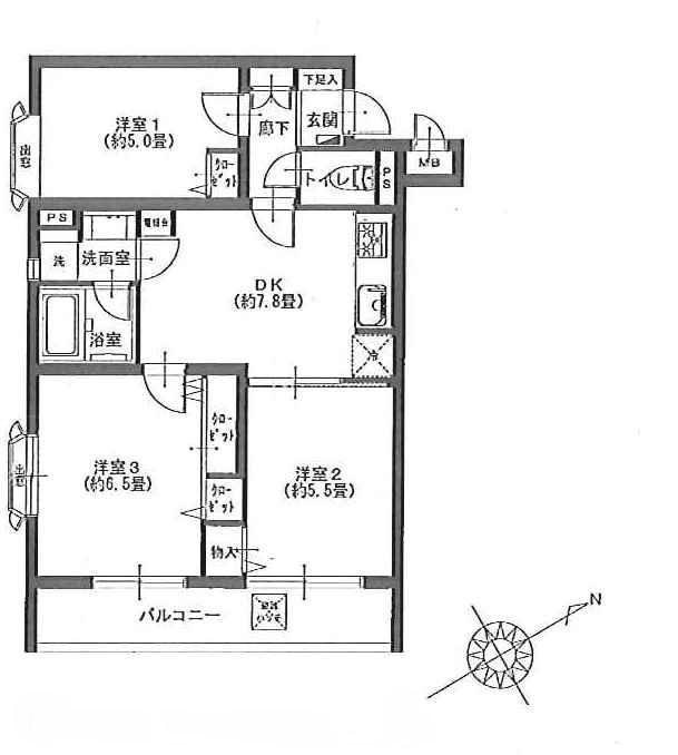 Floor plan. 3DK, Price 22,900,000 yen, Occupied area 54.76 sq m , Balcony area 6.93 sq m floor plan