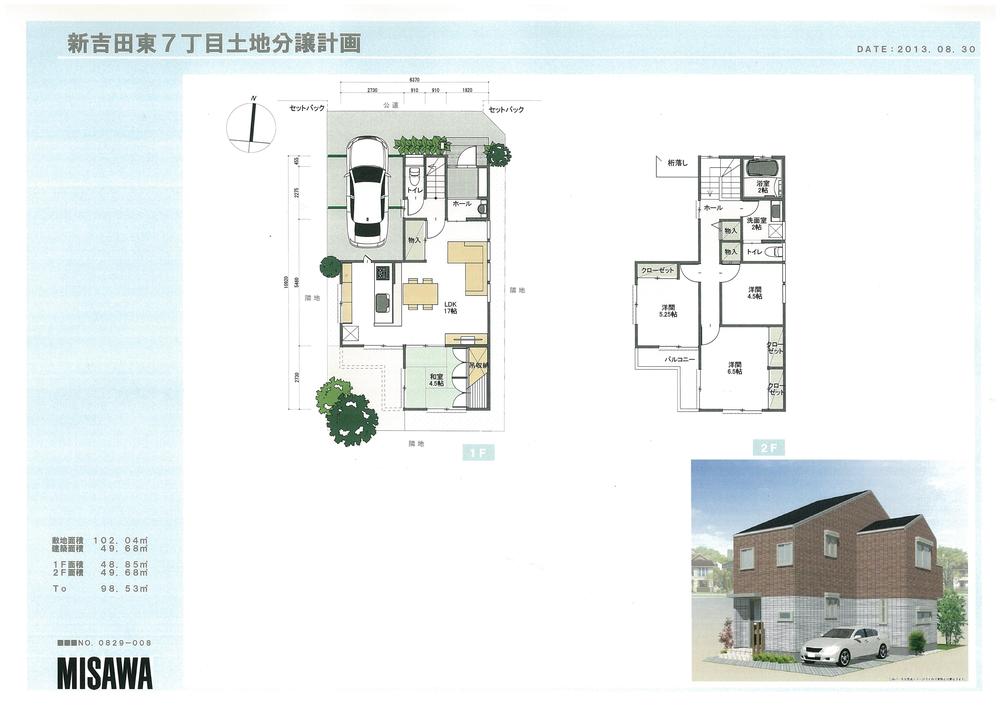 Compartment view + building plan example. Building plan example, Land price 30,800,000 yen, Land area 102.07 sq m , Building price 21 million yen, Building area 98.53 sq m