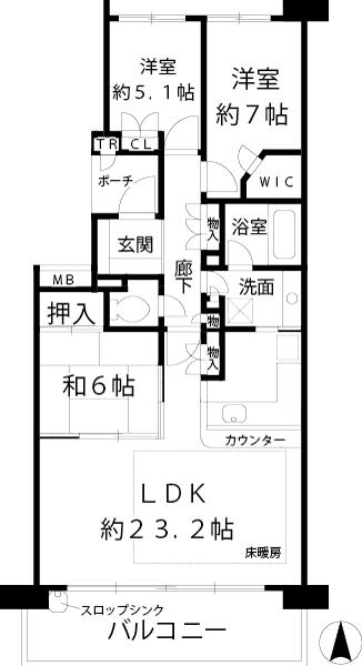 Floor plan. 3LDK, Price 47,800,000 yen, Footprint 93.5 sq m , Balcony area 14.6 sq m
