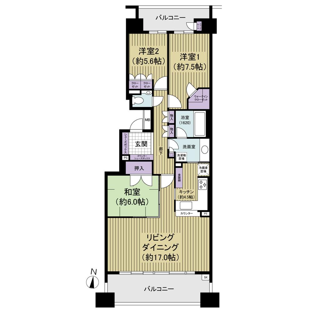 Floor plan. 3LDK, Price 51,800,000 yen, Occupied area 94.21 sq m , Balcony area 21.12 sq m 94m2 ・ 3LDK ・ Facing south ・ Double-sided balcony