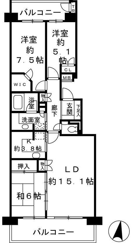 Floor plan. 3LDK, Price 42,800,000 yen, Occupied area 83.96 sq m , Balcony area 19.28 sq m