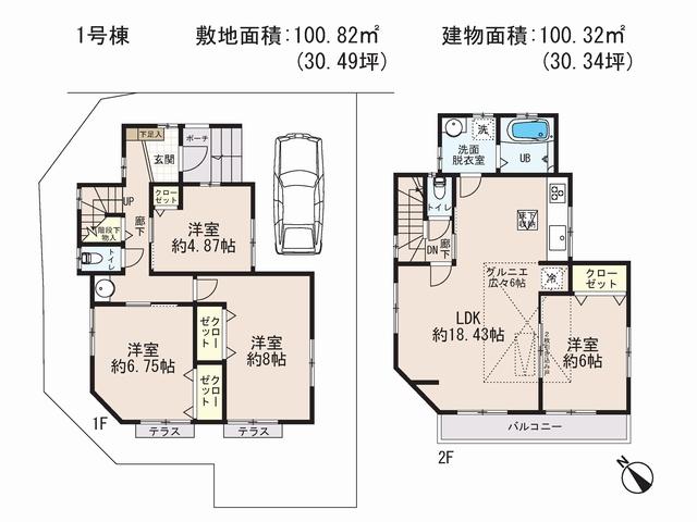 Floor plan. (1 Building), Price 45,800,000 yen, 4LDK, Land area 100.82 sq m , Building area 100.32 sq m