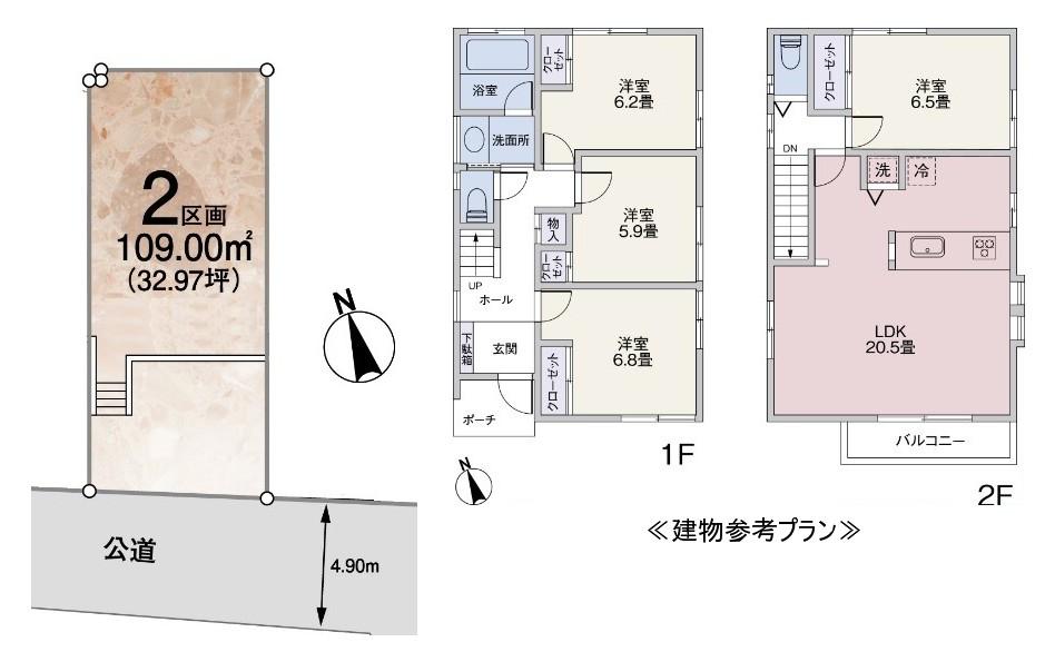 Compartment view + building plan example. Building plan example (No.2) 4LDK, Land price 40,500,000 yen, Land area 109 sq m , Building price 16 million yen, Building area 102.86 sq m