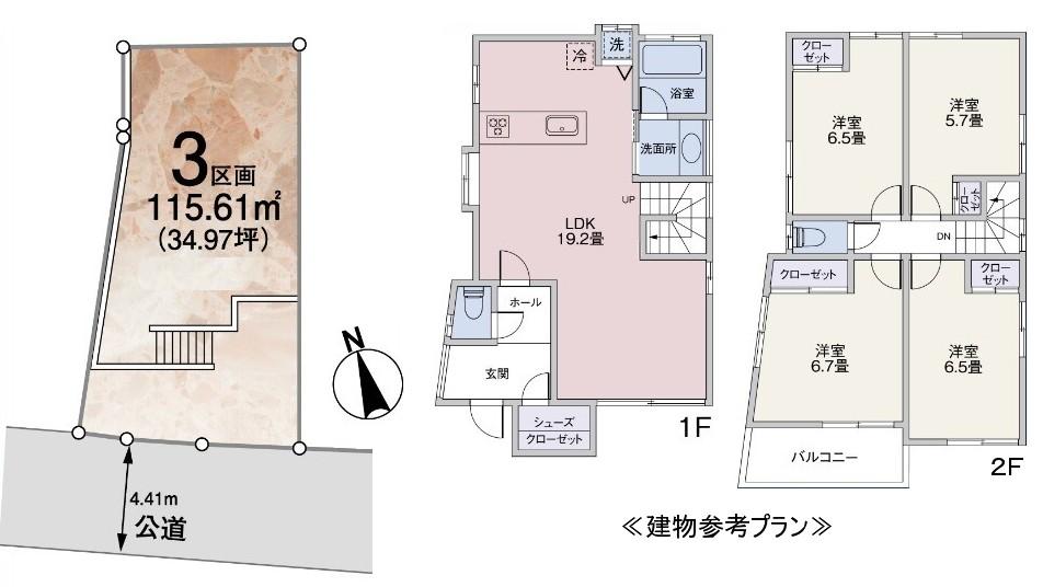 Compartment view + building plan example. Building plan example (No.3) 4LDK, Land price 42,500,000 yen, Land area 115.61 sq m , Building price 16 million yen, Building area 101.63 sq m