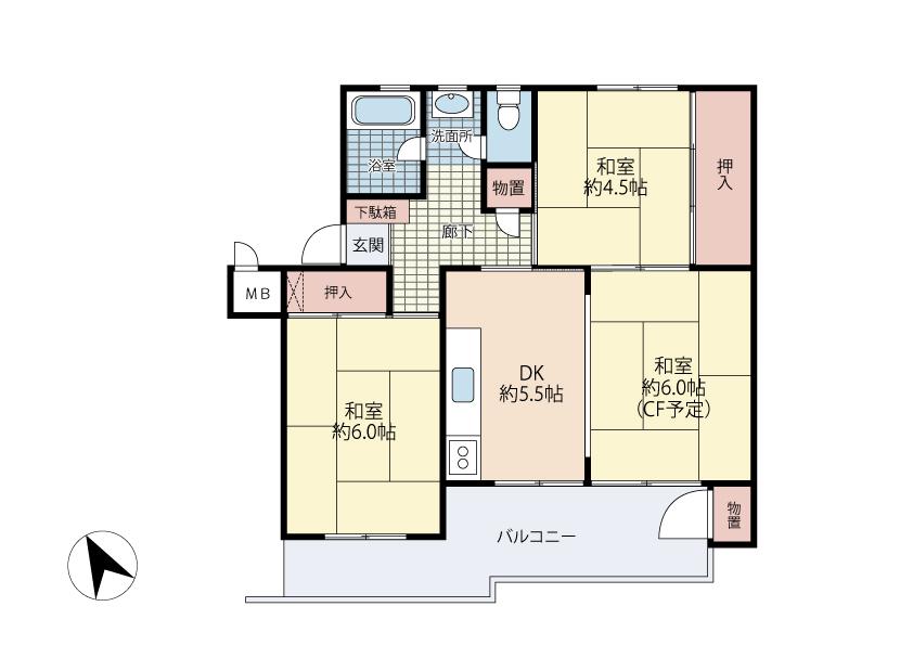 Floor plan. 3DK, Price 9.5 million yen, Occupied area 53.25 sq m , Balcony area 9.27 sq m