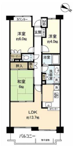 Floor plan. 3LDK, Price 24,950,000 yen, Occupied area 68.49 sq m , Balcony area 9.14 sq m