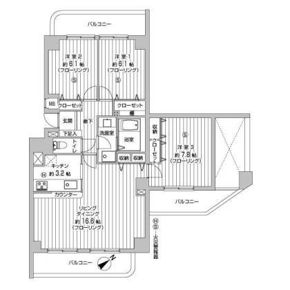 Floor plan. 3LDK, Price 23,950,000 yen, Occupied area 87.35 sq m , Balcony area 21.69 sq m