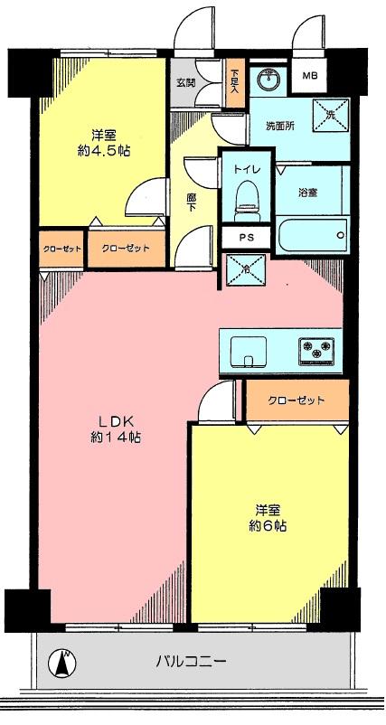 Floor plan. 2LDK, Price 22,900,000 yen, Footprint 55 sq m , Between the balcony area 5.5 sq m floor plan