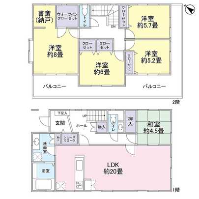 Floor plan. 5LDK type of building area 130.00 sq m. Second floor balcony is all of Western-style