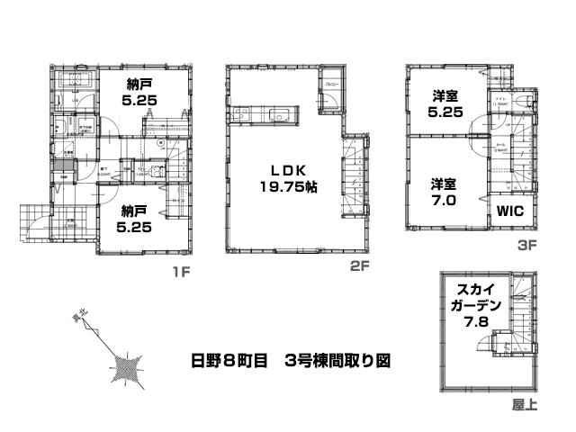 Floor plan. (3 Building), Price 39,300,000 yen, 2LDK+2S, Land area 87.67 sq m , Building area 109.08 sq m
