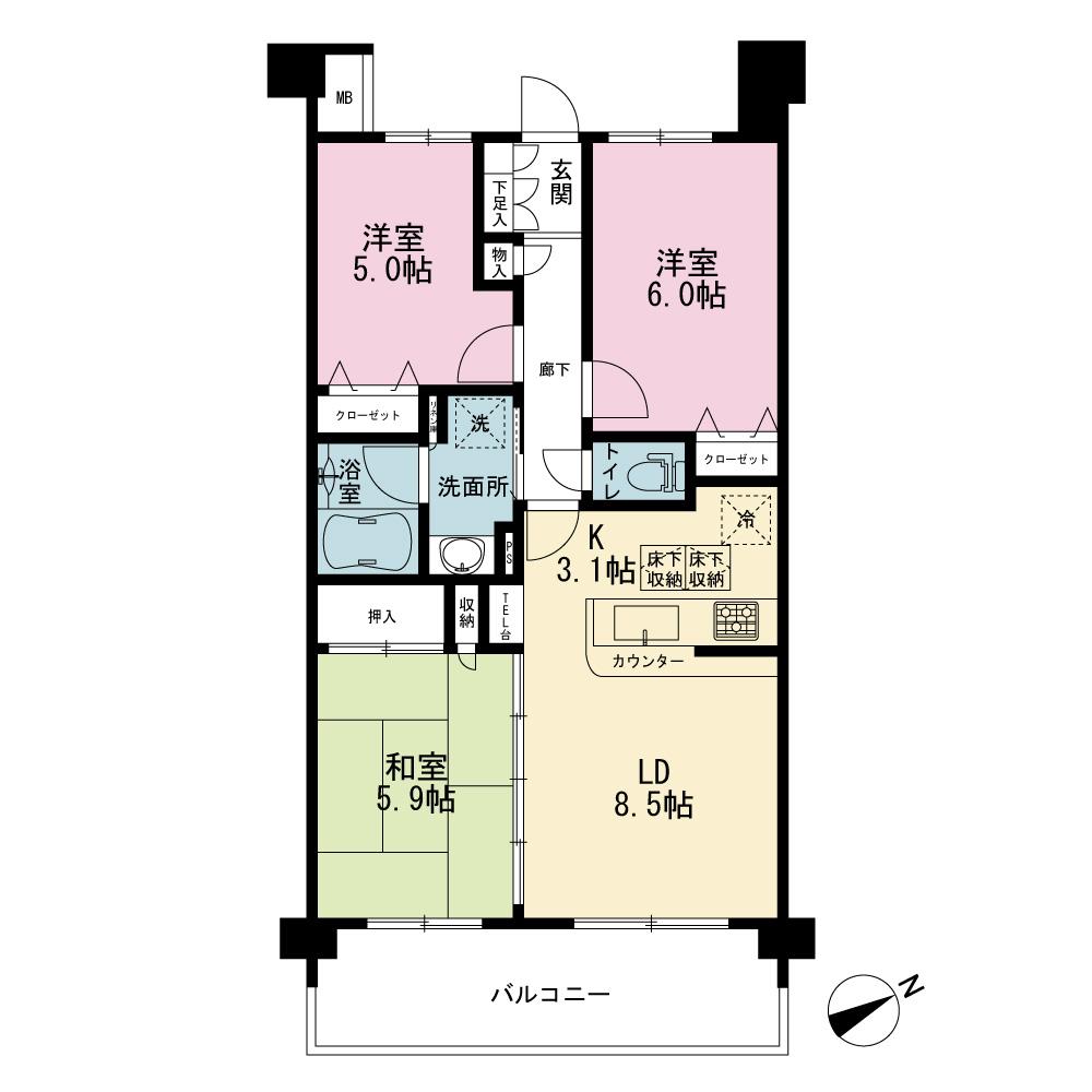 Floor plan. 3LDK, Price 25,800,000 yen, Occupied area 62.55 sq m , Balcony area 11.16 sq m