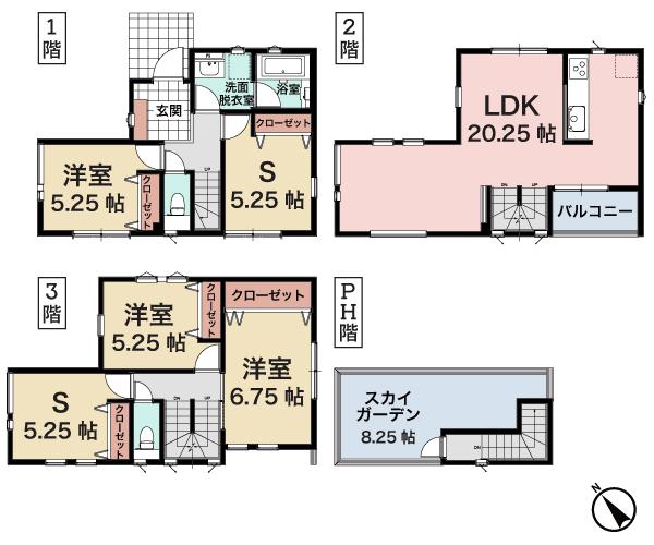 Floor plan. (Building 2), Price 41,800,000 yen, 2LDK+2S, Land area 81.61 sq m , Building area 116.33 sq m
