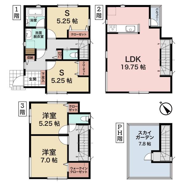 Floor plan. (3 Building), Price 39,300,000 yen, 2LDK+2S, Land area 87.67 sq m , Building area 109.08 sq m
