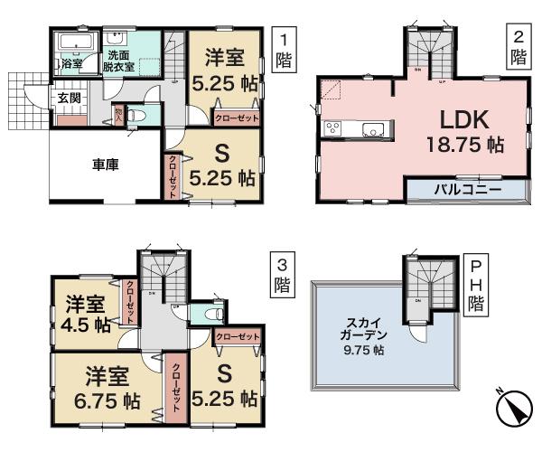 Floor plan. (5 Building), Price 40,800,000 yen, 3LDK+2S, Land area 78.52 sq m , Building area 127.51 sq m