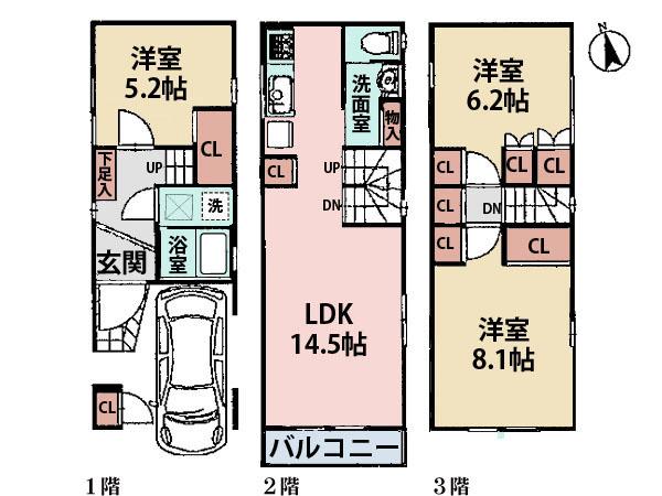 Floor plan. (A Building), Price 28.8 million yen, 3LDK, Land area 52 sq m , Building area 96.14 sq m