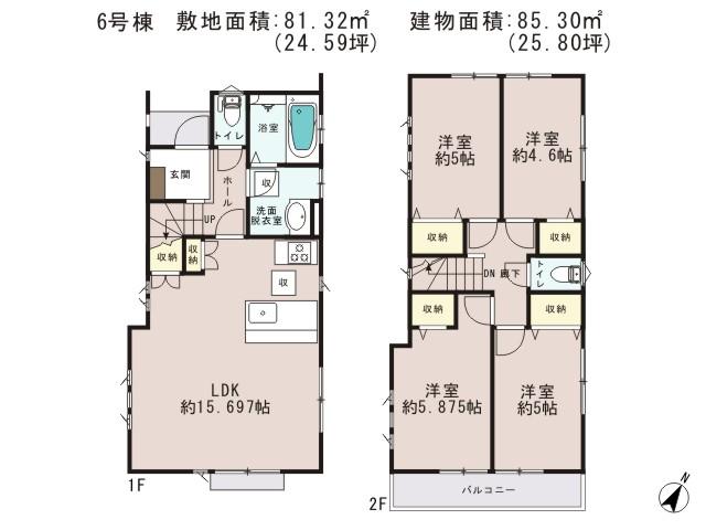 Floor plan. (6 Building), Price 37,800,000 yen, 4LDK, Land area 81.32 sq m , Building area 85.3 sq m