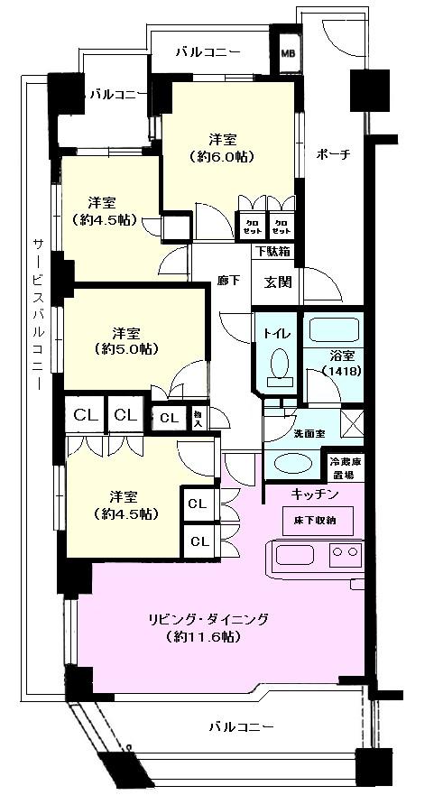 Floor plan. 4LDK, Price 36,800,000 yen, Footprint 77.5 sq m , Balcony area 18.12 sq m