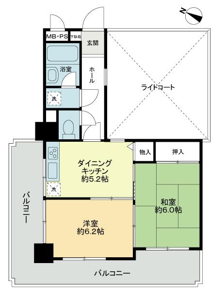 Floor plan. 2DK, Price 12.8 million yen, Occupied area 41.64 sq m , Balcony area 17.26 sq m