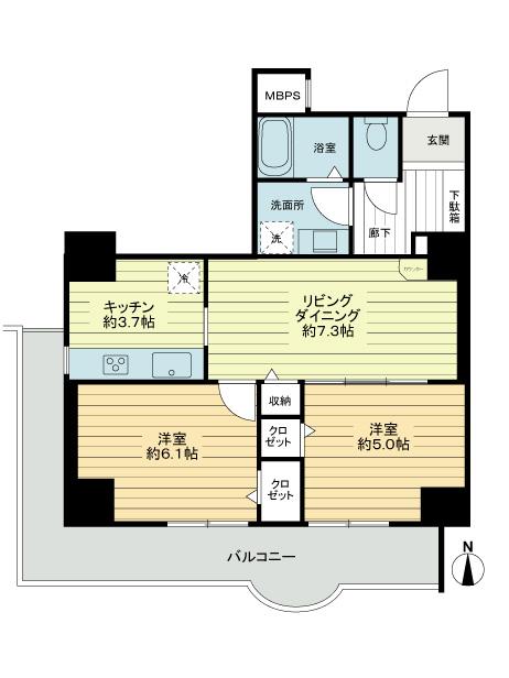 Floor plan. 2LDK, Price 23,950,000 yen, Occupied area 50.48 sq m , Balcony area 11.68 sq m