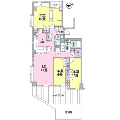 Floor plan. Southeast angle room 3LD equipped with a private garden and a wooden deck ・ K type