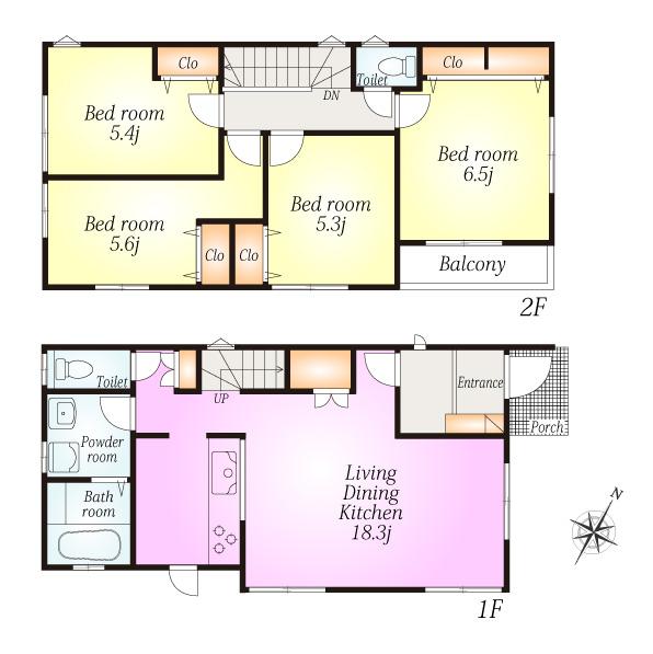 Floor plan. (Building 2), Price 42,500,000 yen, 4LDK, Land area 100.1 sq m , Building area 95.42 sq m