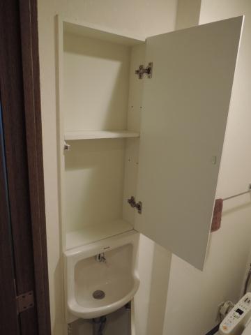 Toilet. There are storage rack!