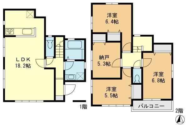 Floor plan. (Building 2), Price 37,800,000 yen, 3LDK+S, Land area 148.23 sq m , Building area 94.19 sq m