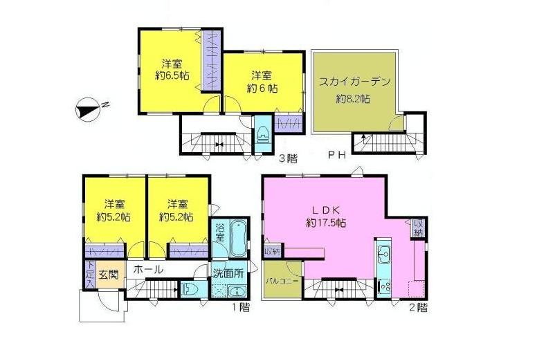 Floor plan. 37,800,000 yen, 4LDK, Land area 98.27 sq m , It is LDK17.5 Pledge and the floor plan of 4LDK with all room storage of building area 104.32 sq m face-to-face kitchen. About 8.25 Pledge of Sky Garden You can accomplish a rooftop garden. 