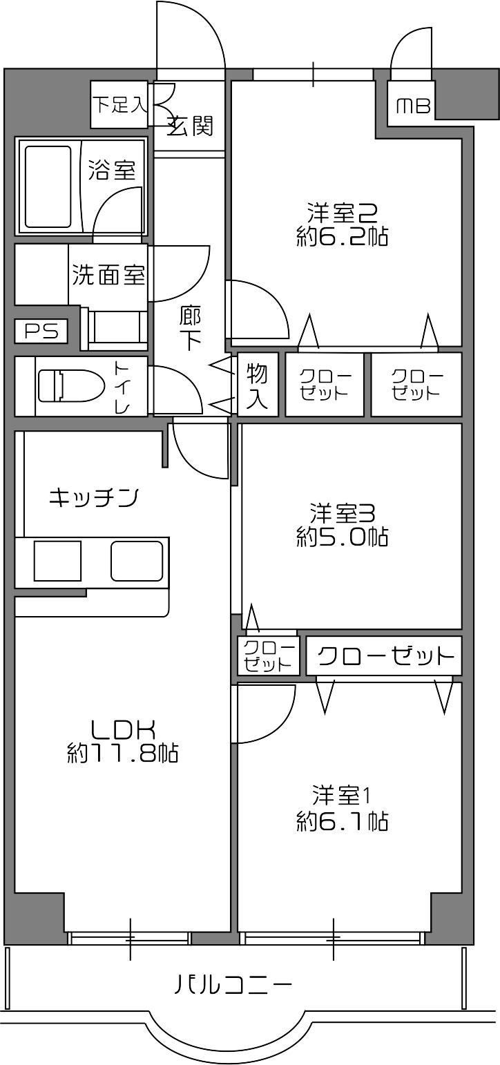 Floor plan. 3LDK, Price 25,900,000 yen, Footprint 64.9 sq m , Balcony area 6.65 sq m