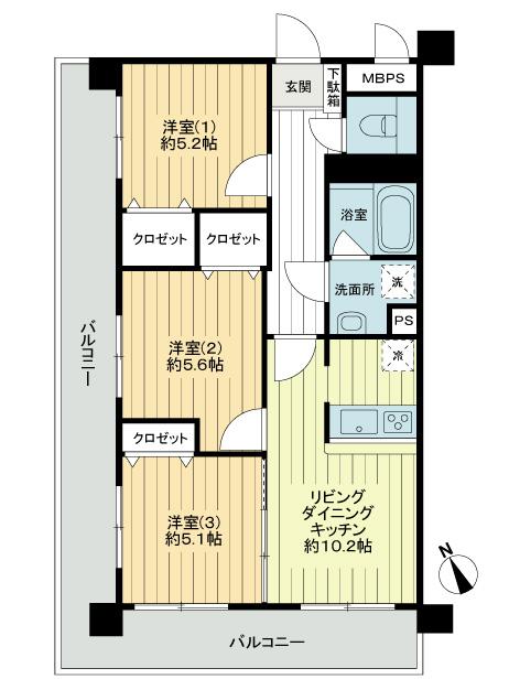 Floor plan. 3LDK, Price 27,800,000 yen, Occupied area 60.03 sq m , Balcony area 24.57 sq m