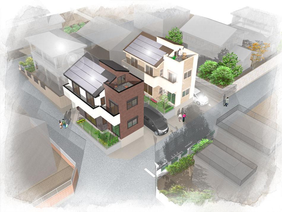 Cityscape Rendering. 4LDK with solar power house in the southeast angle location! It is two cars of the peace of mind! Not only advanced building equipment, As anti-earthquake measures, Adopted the oil damper, Protect your family and La building from the big shake.