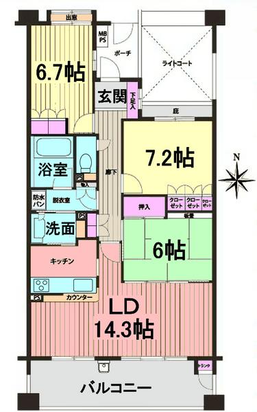 Floor plan. 3LDK, Price 34,800,000 yen, Occupied area 86.13 sq m , Balcony area 14.58 sq m