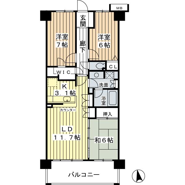 Floor plan. 3LDK, Price 28.8 million yen, Footprint 75.3 sq m , Balcony area 12 sq m 3LDK + WIC