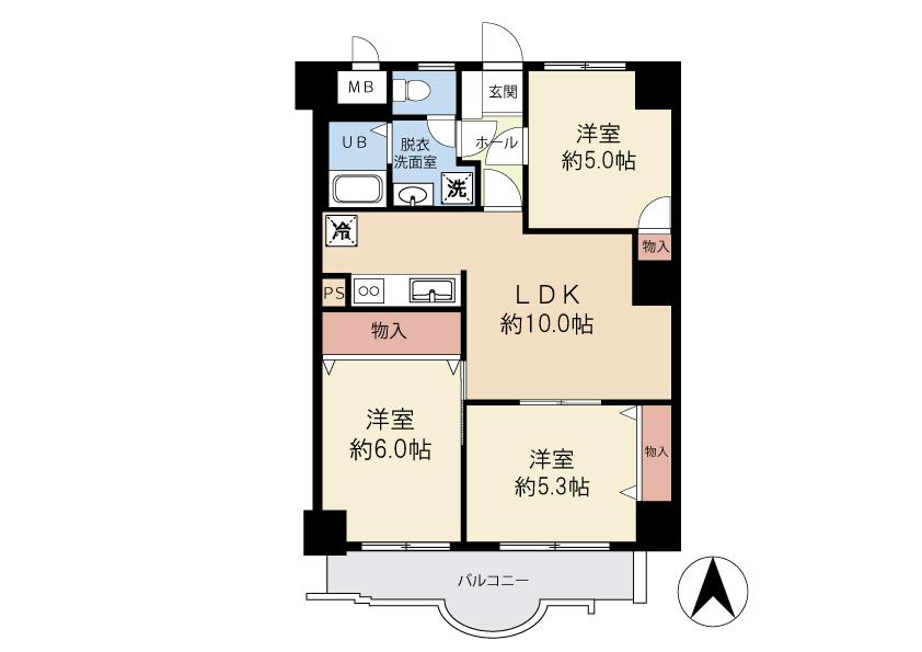 Floor plan. 3LDK, Price 27,800,000 yen, Occupied area 59.94 sq m , Balcony area 6.33 sq m
