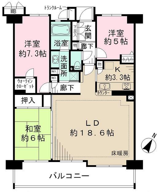 Floor plan. 3LDK, Price 29.5 million yen, Occupied area 86.07 sq m , Balcony area 14.28 sq m